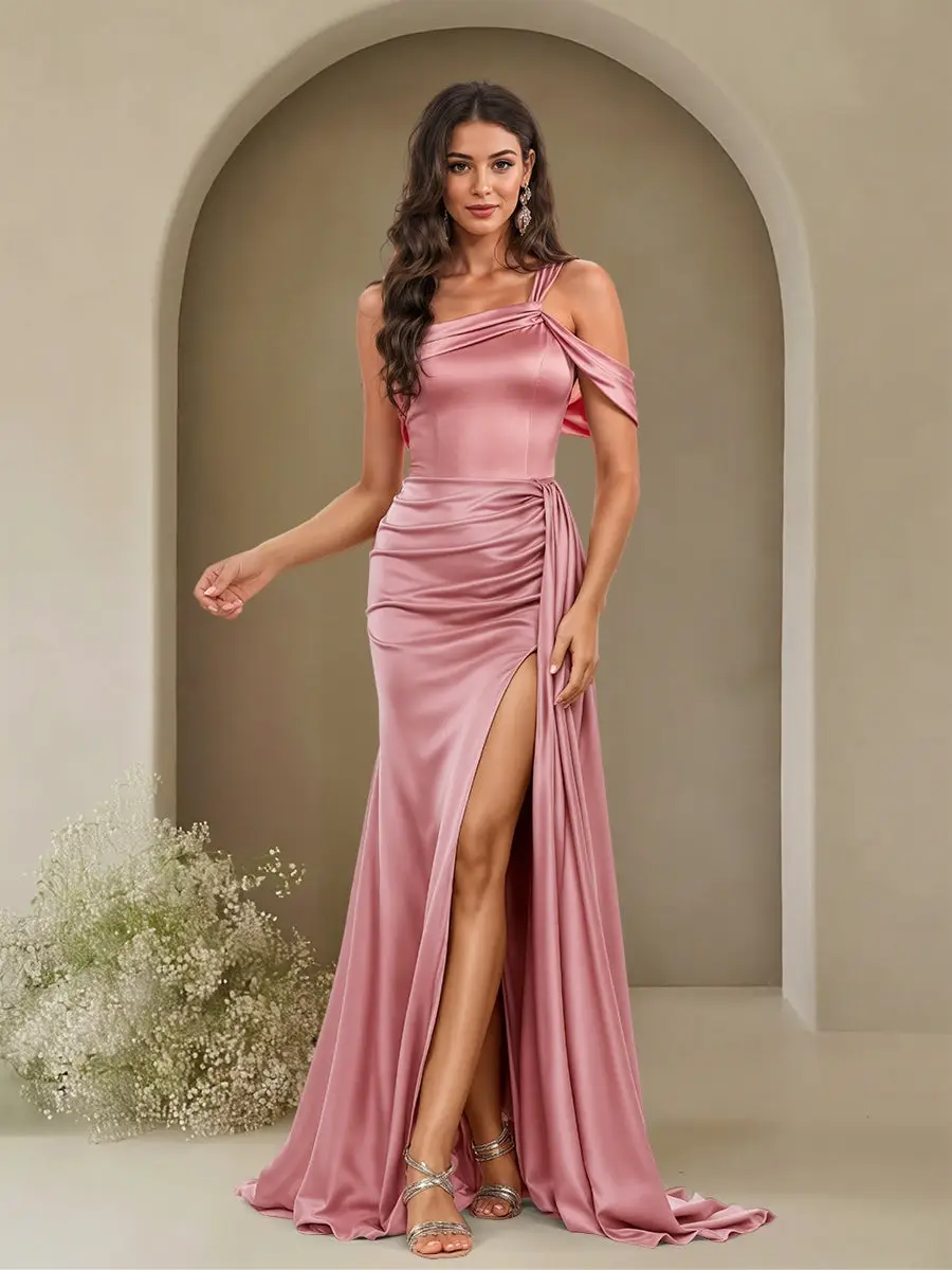 Sheath/Column One-Shoulder Sleeveless Sweep Train Formal Dresses with Split Side — view 1