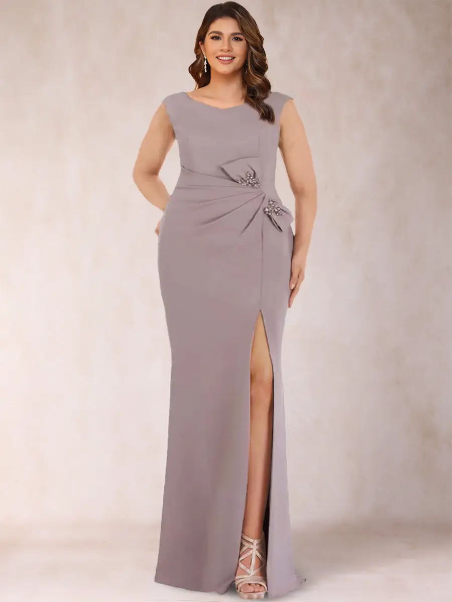 Sheath/Column V-Neck Sleeveless Ruched Plus Size Mother of the Bride Dresses with Split Side & Bow(s) — view 1