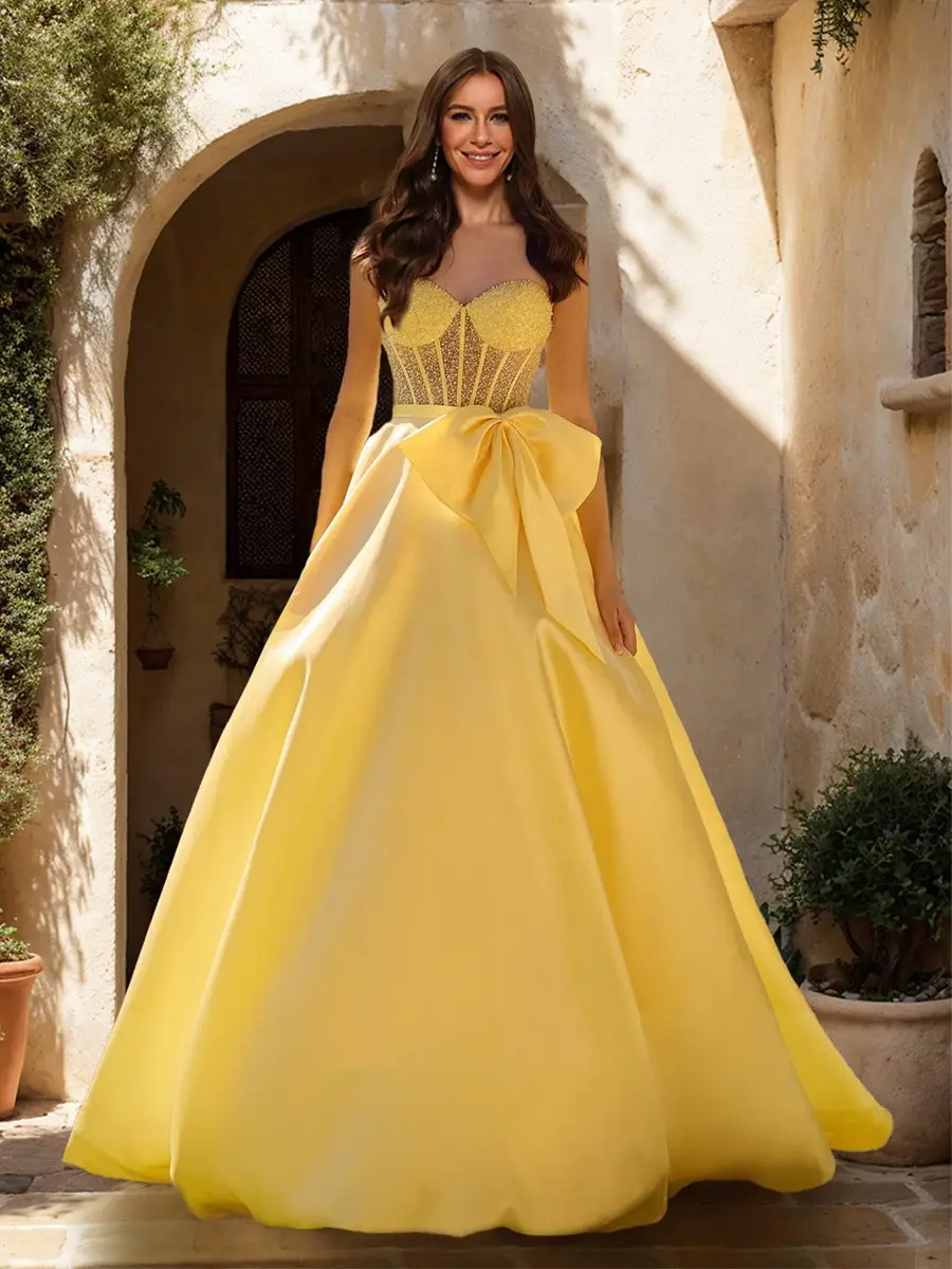 A-Line/Princess Sweetheart Sheer Corset Beaded Prom Dresses with Bow — view 1