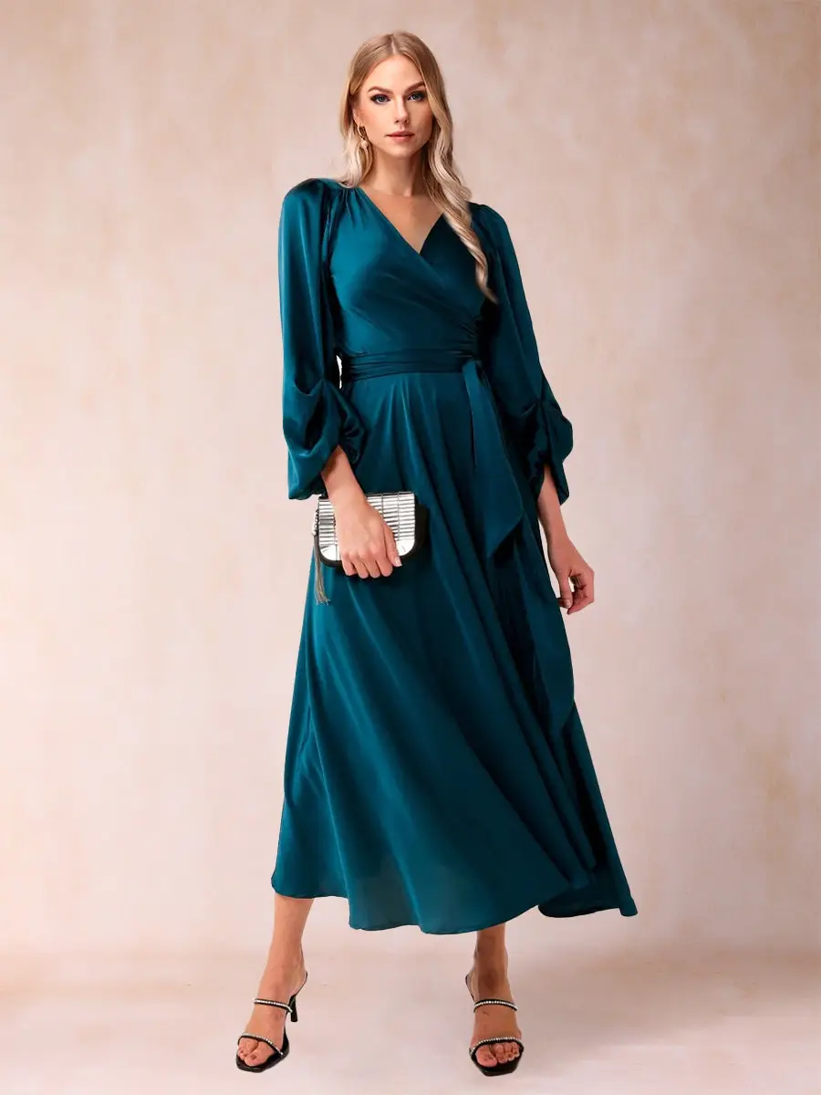 A-Line/Princess V-Neck 3/4 Sleeves Tea-Length Mother of the Bride Dresses with Belt — view 1