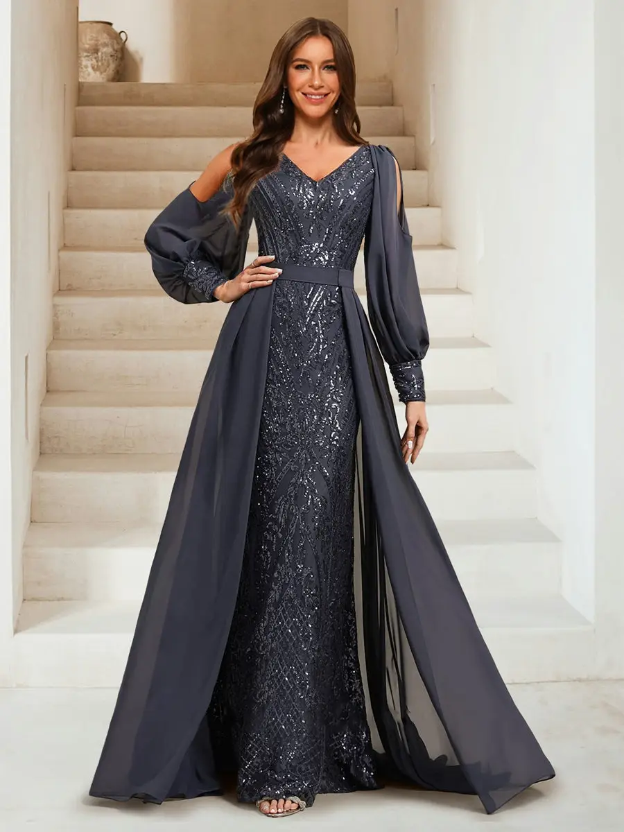 Sheath/Column V-Neck Long Sleeves Floor-Length Evening Dresses with Sequins & Overskirt — view 1
