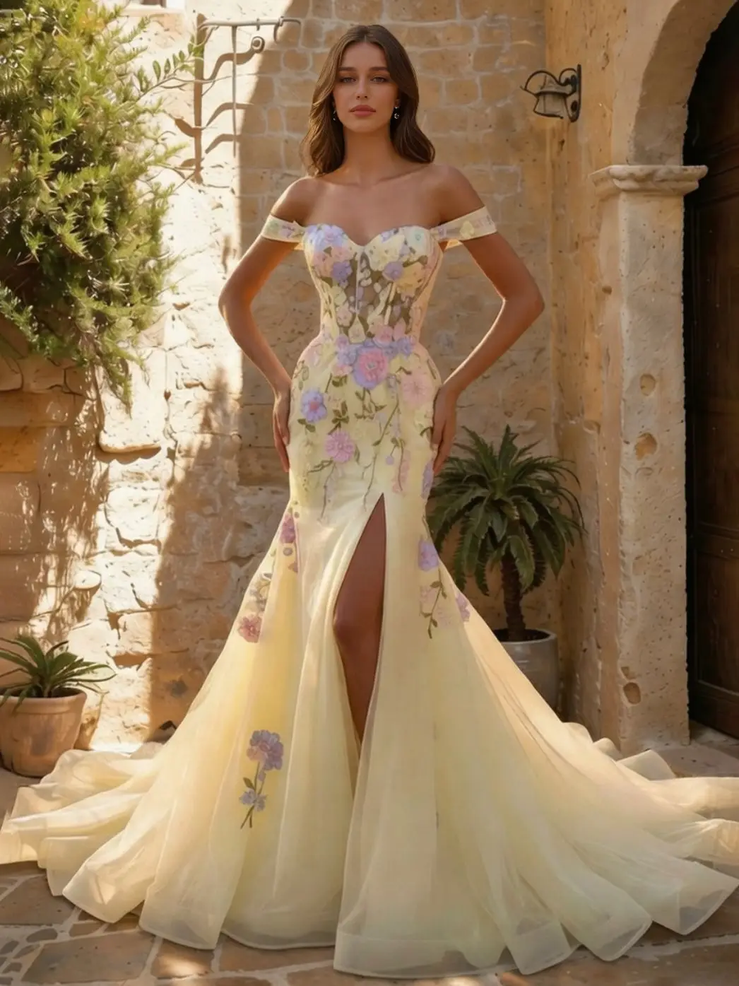 Trumpet/Mermaid Off-the-Shoulder Sweetheart Long Prom Dresses with Split Side & 3D Flowers — view 1