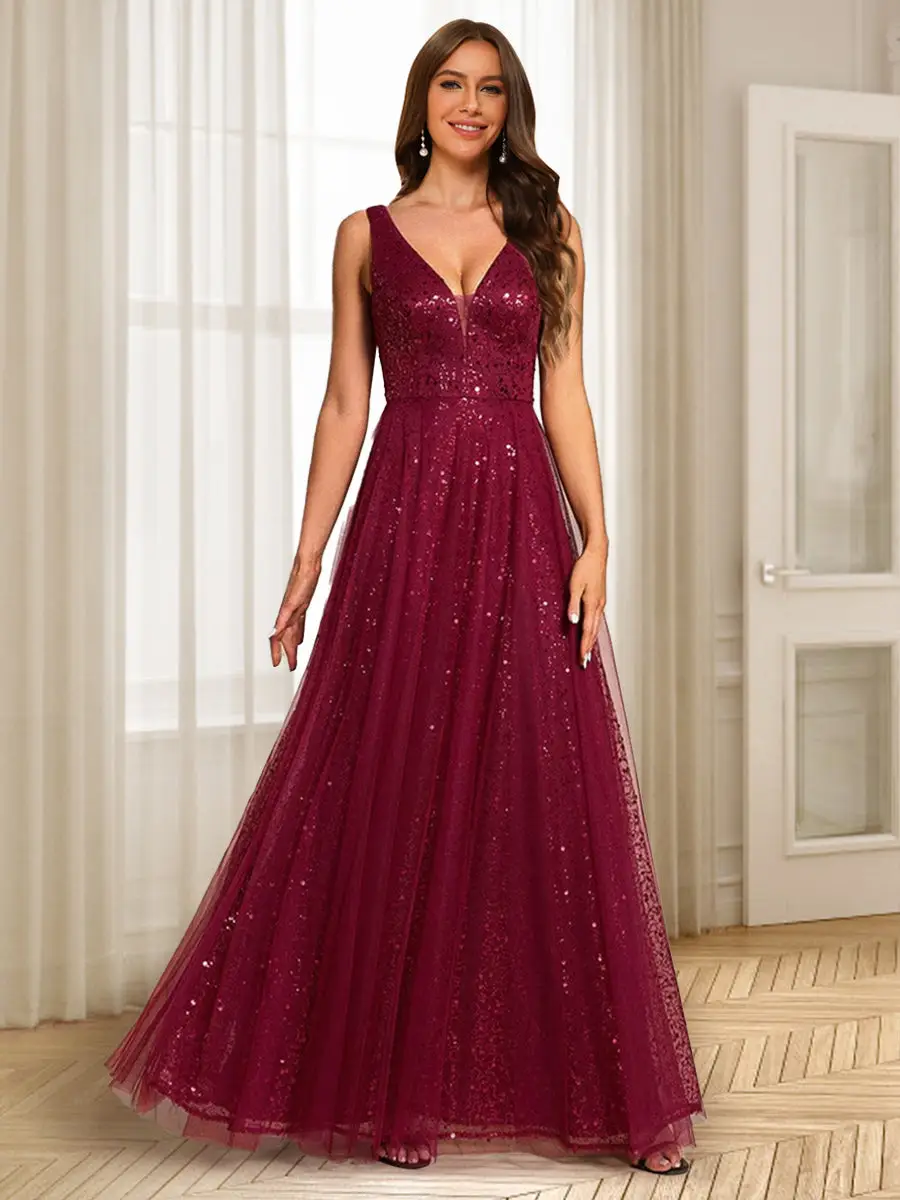 A-Line/Princess V-Neck Floor-Length Evening Dresses With Ruffles — view 1