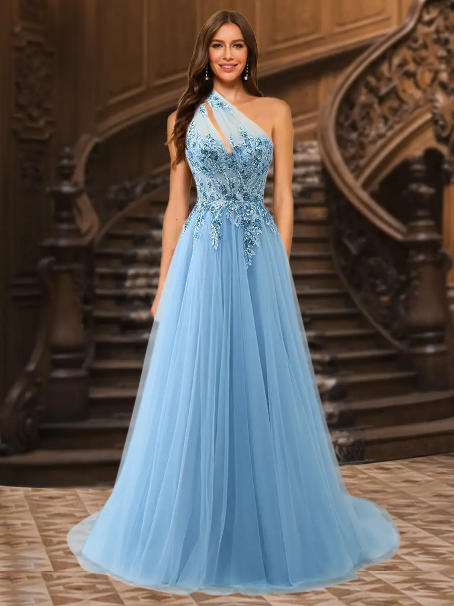 A-Line/Princess One-Shoulder Sleeveless Tulle Evening Dresses with Appliques — view 1