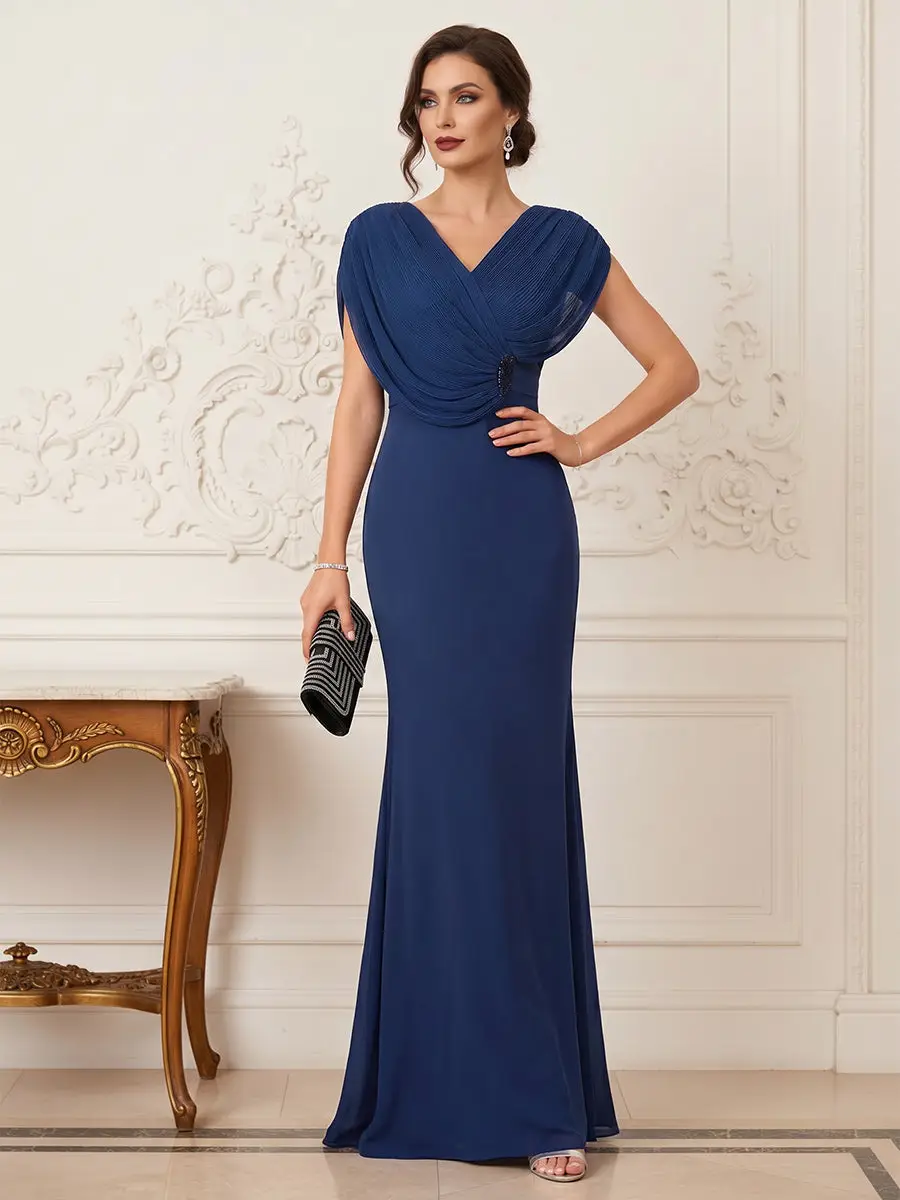 Trumpet/Mermaid V-Neck Short Sleeves Floor-Length Pleated Mother of the Bride Dresses with Rhinestone — view 1