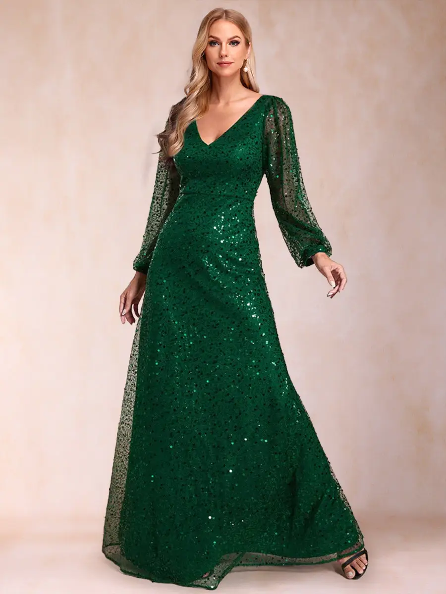 A-Line/Princess V-Neck Long Sleeves Floor-Length Mother of the Bride Dresses — view 1