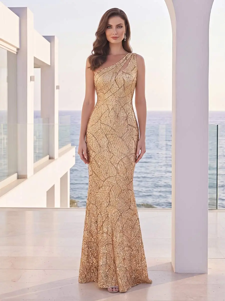 Trumpet/Mermaid One Shoulder Sleeveless Floor-Length Formal Dresses With Sequins — view 1
