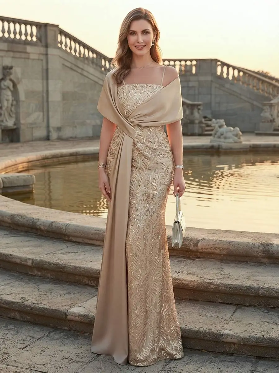 Sheath/Column Spaghetti Straps Sleeveless Floor-Length Mother of the Bride Dresses With Sequins & Applique — view 1