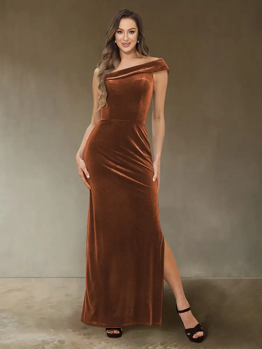 Sheath/Column One-Shoulder Sleeveless Velvet Evening Dresses with Side Slit — view 1