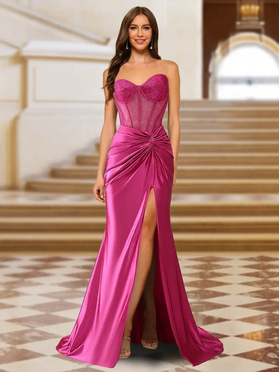 Trumpet/Mermaid Strapless Pleated Long Evening Dresses with Side Slit & Sequins — view 1