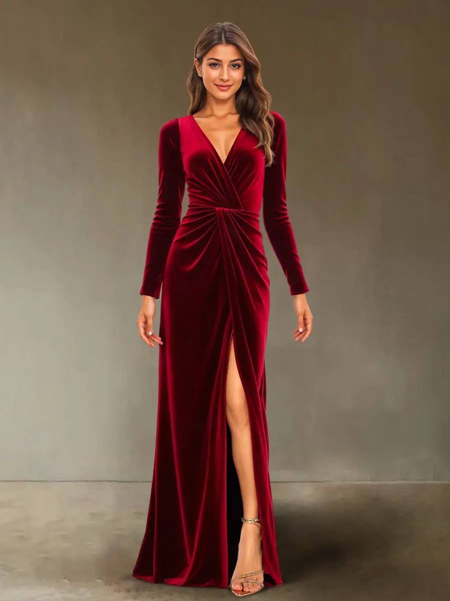 Sheath/Column V-Neck Long Sleeves Velvet Ruched Evening Dresses with Side Slit — view 1