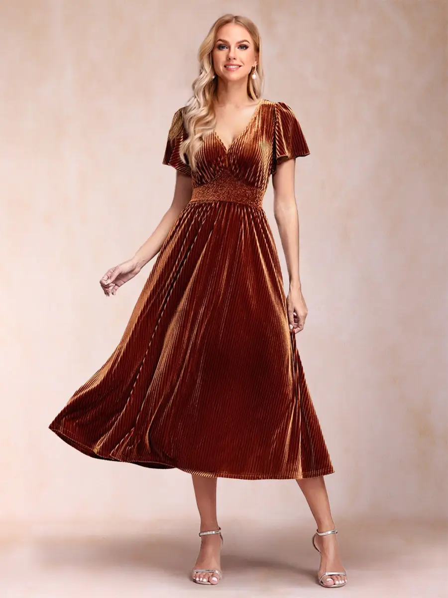 A-Line/Princess Velvet V-Neck Tea-Length Mother of the Bride Dresses — view 1