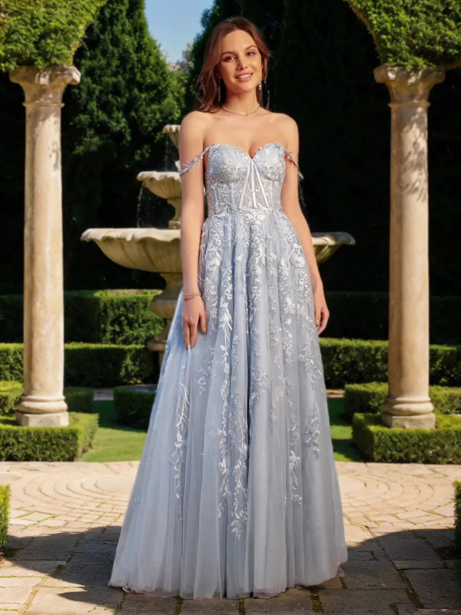 A-Line/Princess Sweetheart Applique Tulle Long Prom Dresses — view 1