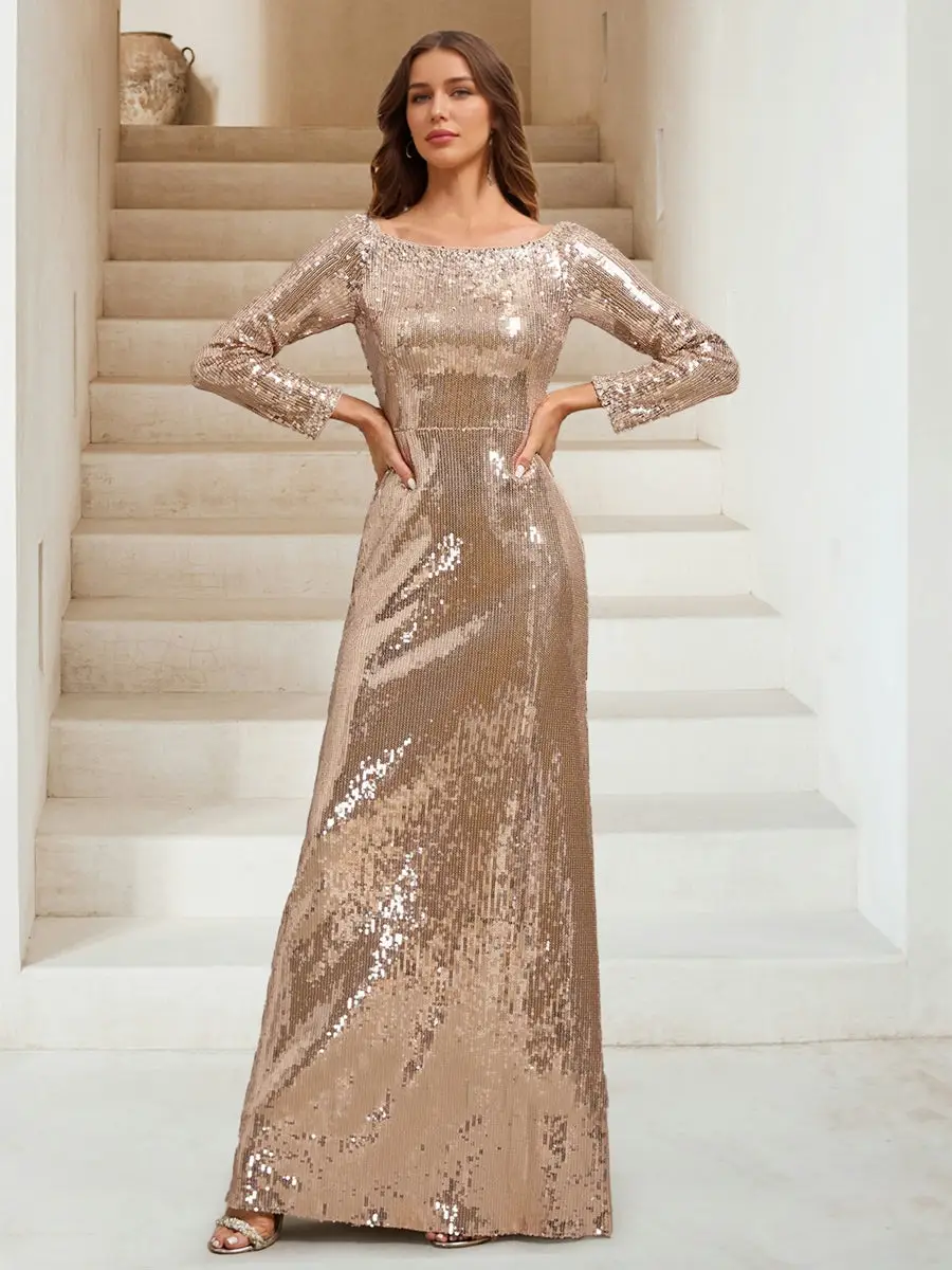 Sequin Sheath/Column Scoop Long Sleeves Floor-Length Evening Dresses with Beading — view 1