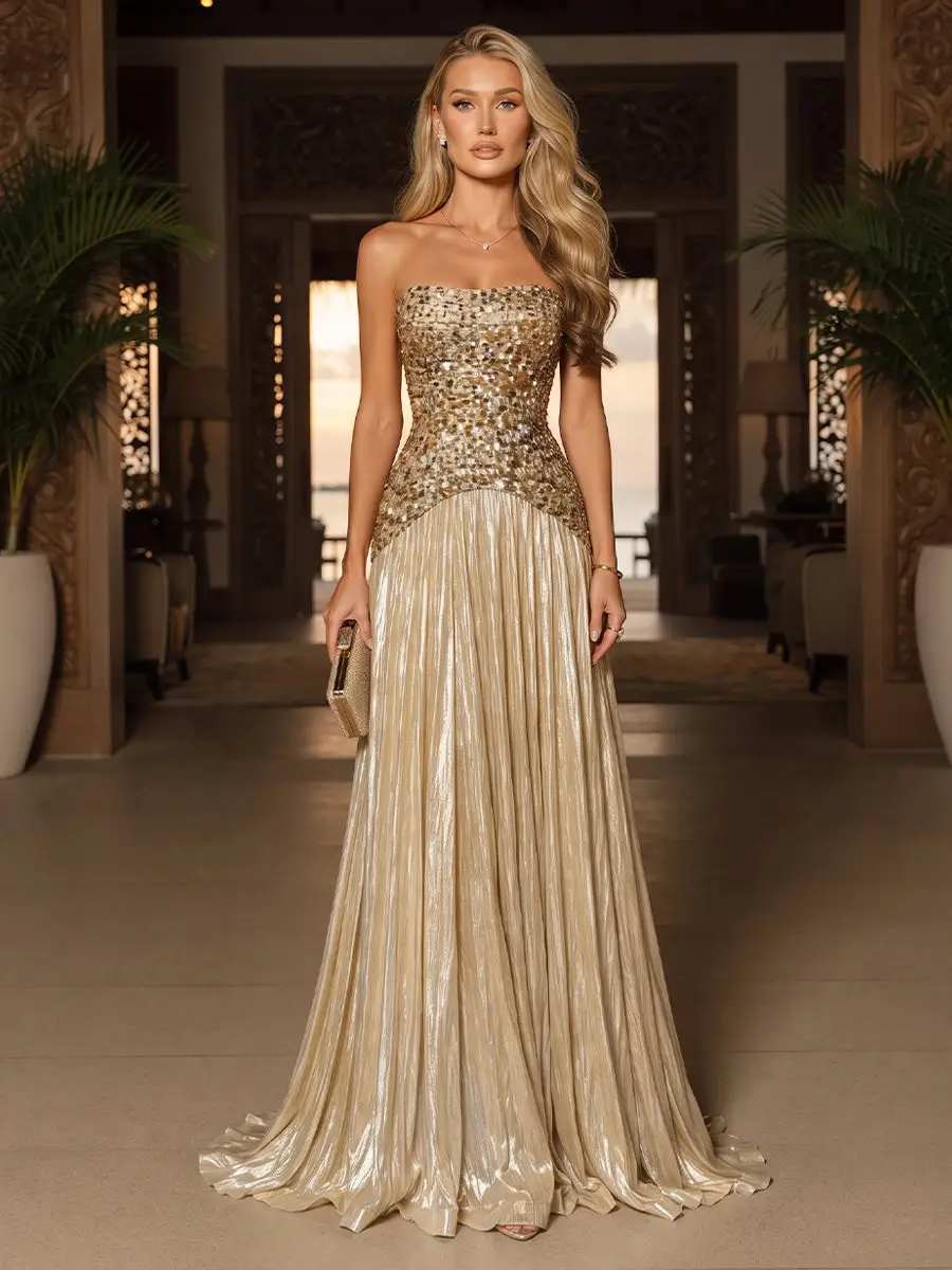 A-Line/Princess Strapless Sleeveless Floor-Length Evening Dresses with Pleats & Sequins — view 1