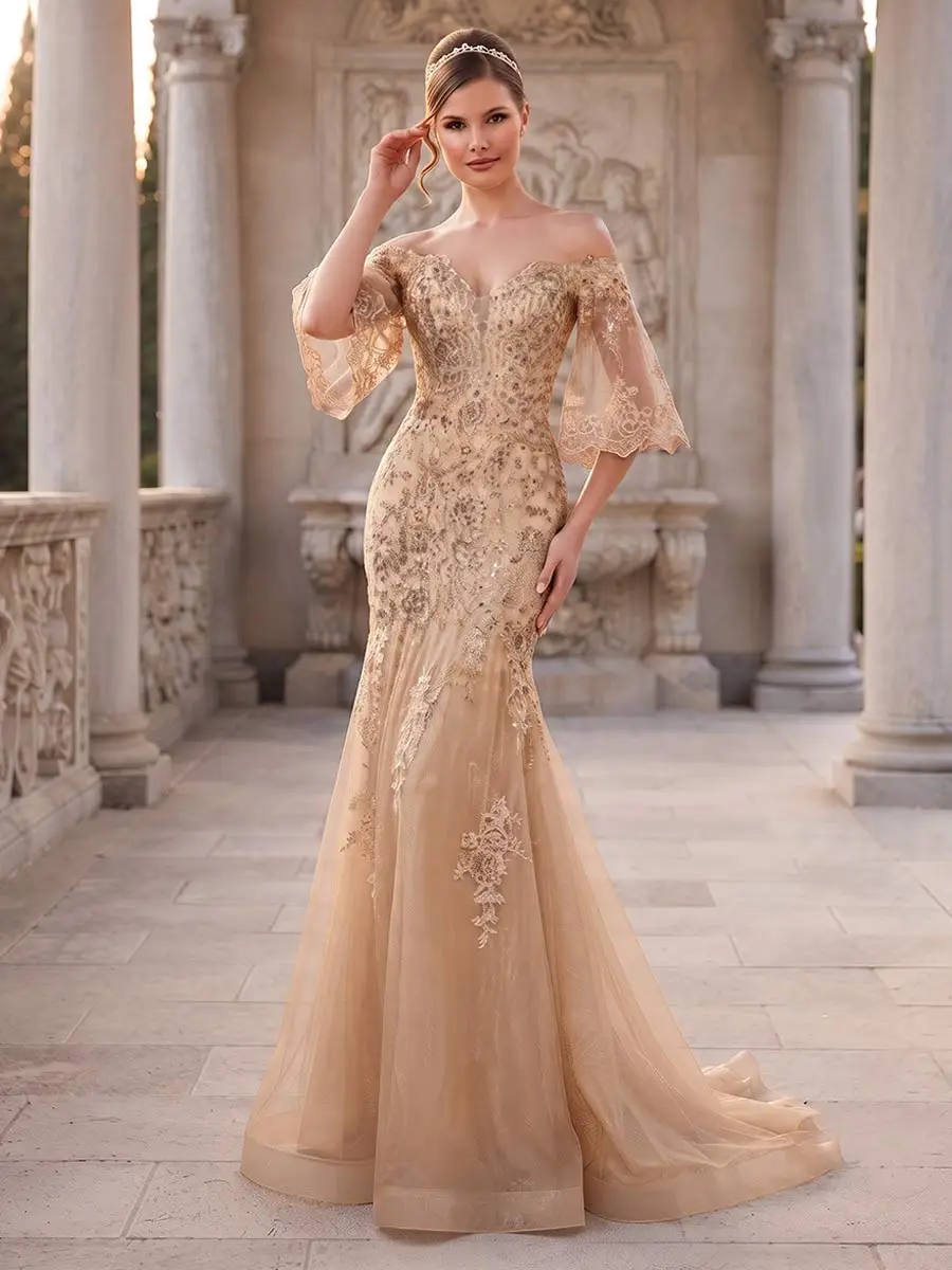 Trumpet/Mermaid Off-the-Shoulder 3/4 Sleeves Floor-Length Formal Dresses With Embroidery & Lace — view 1