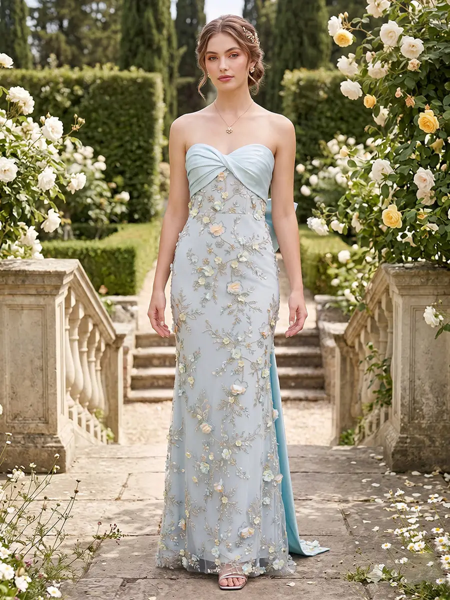 Sheath/Column Strapless Sleeveless Floor-Length Evening Dresses with Bowknot & 3D Floral — view 1