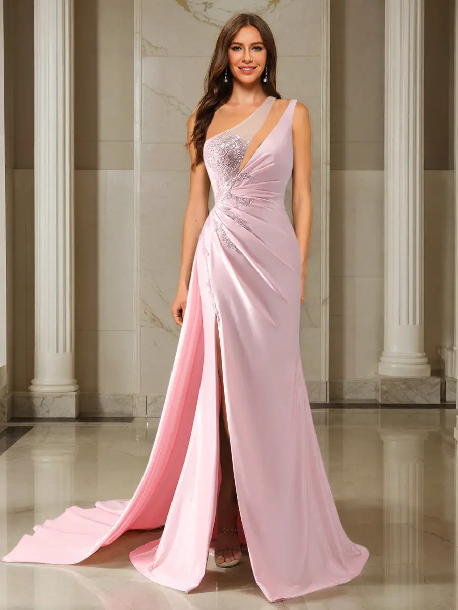 Trumpet/Mermaid One-Shoulder Sweep Train/Brush Train Evening Dresses with Side Slit & Appliques — view 1