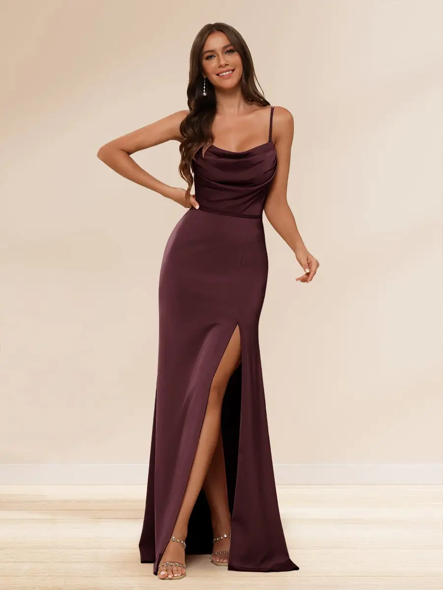 Sheath/Column Spaghetti Straps Long Formal Dresses with Split Side & Ruched — view 1