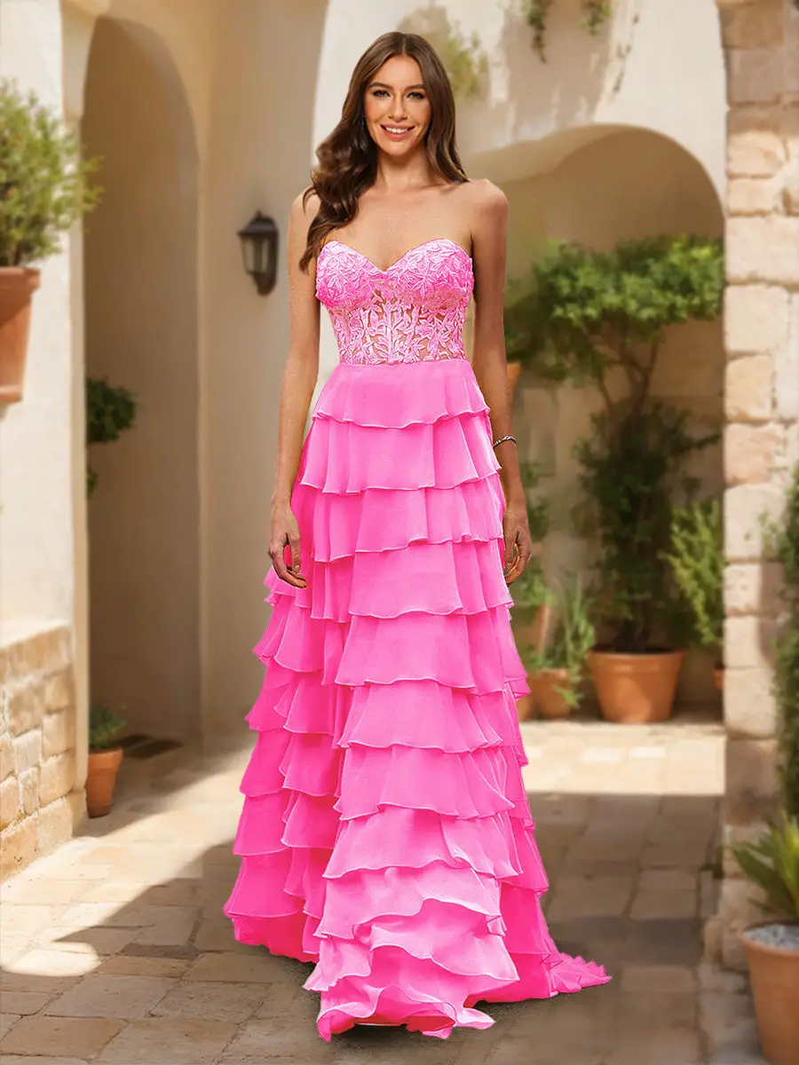 A-Line/Princess Sweetheart Sheer Corset Appliques Ruffle Prom Dresses — view 1