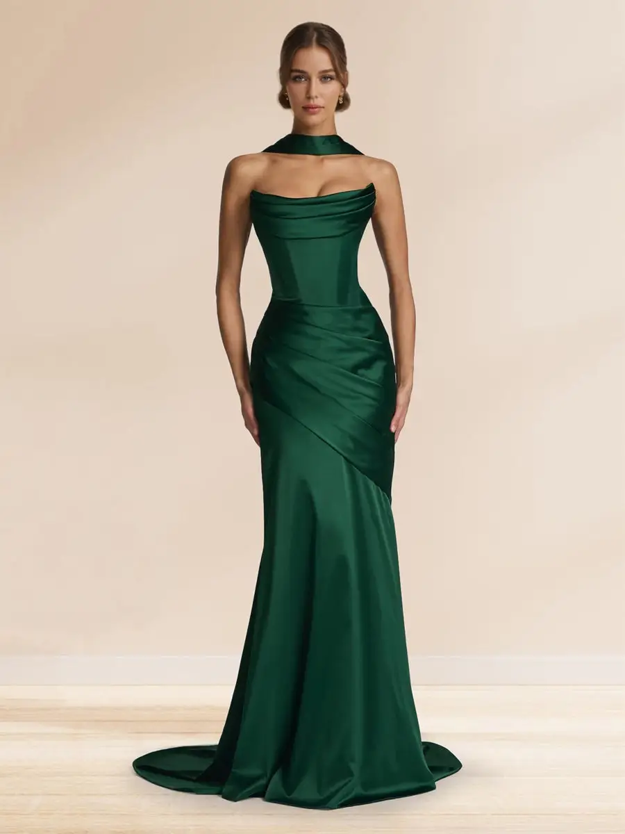 Sheath/Column Strapless Sleeveless Sweep train Ruched Evening Dresses With Shawl — view 1