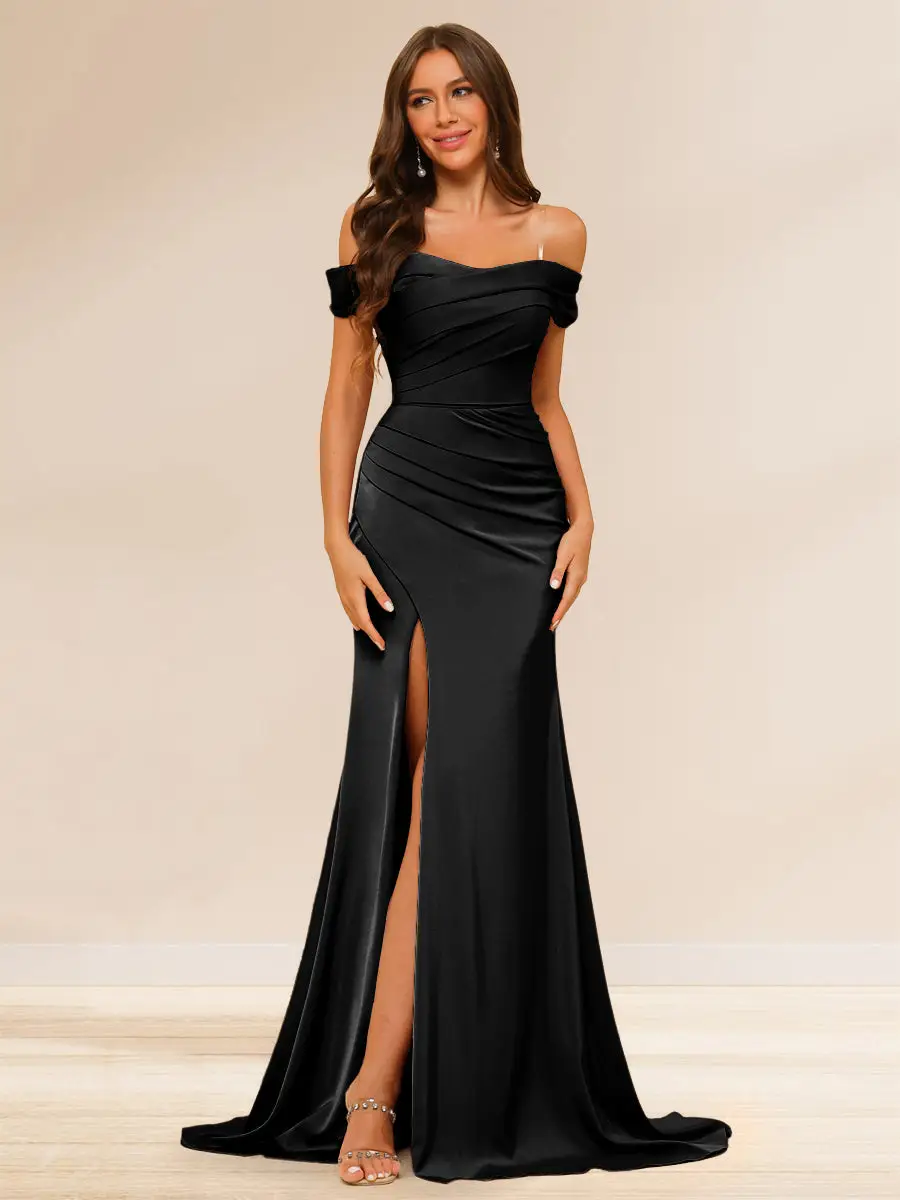 Sheath/Column Off-the-Shoulder Long Evening Dresses with Split Side & Ruched — LV37327362 — view 1