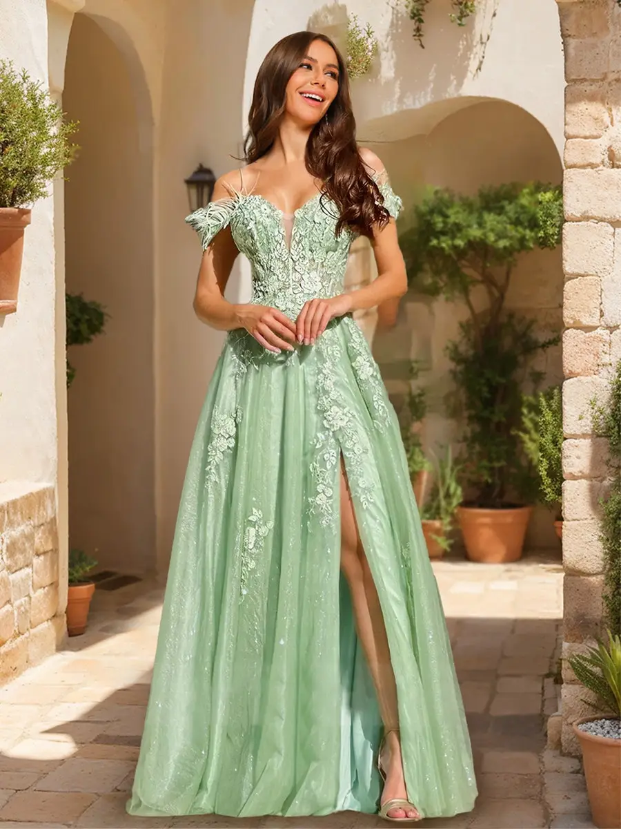 A-Line/Princess Cold-Shoulder Appliques Tulle Prom Dresses with Feathers — view 1