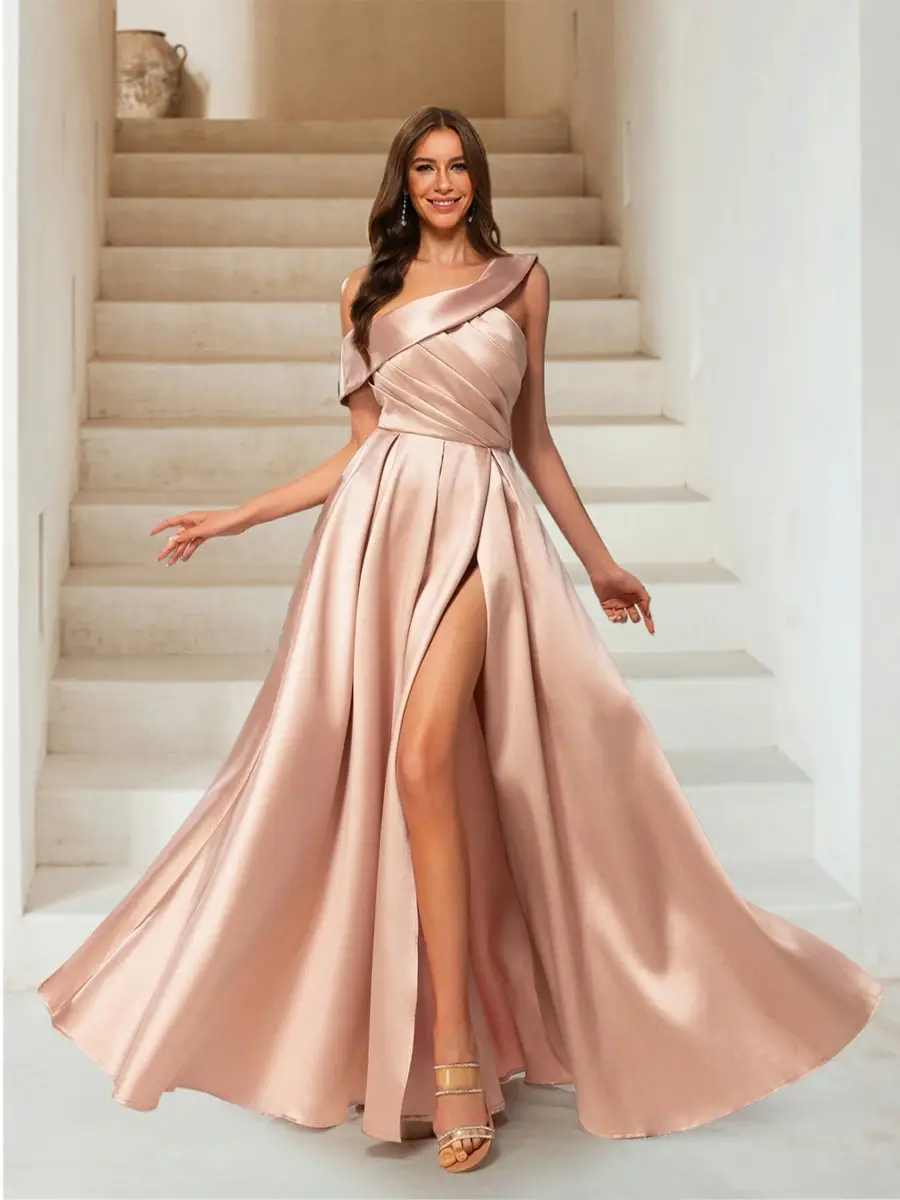 A-Line/Princess One-Shoulder Ruched Floor-Length Evening Dresses with Split Side — view 1