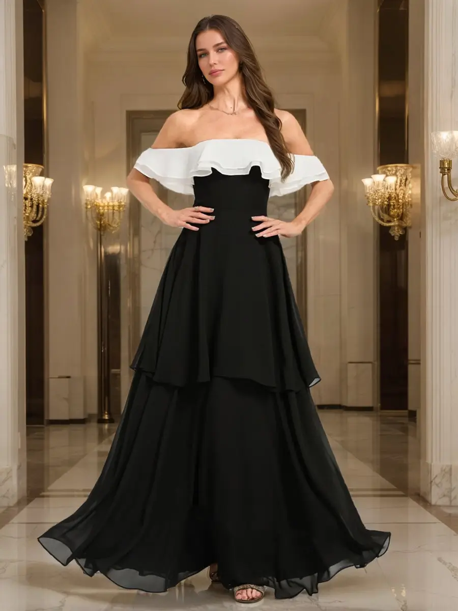 A-Line/Princess Off-the-Shoulder Floor-Length Chiffon Evening Dresses With Cascading Ruffles — view 1