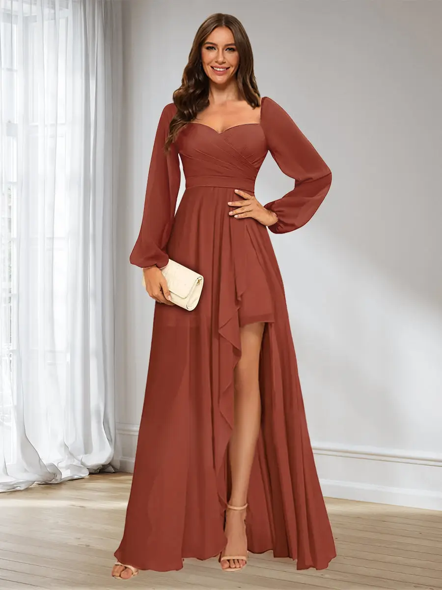 A-Line/Princess Sweetheart Long Sleeves Asymmetrical Ruched Bridesmaid Dresses — view 1
