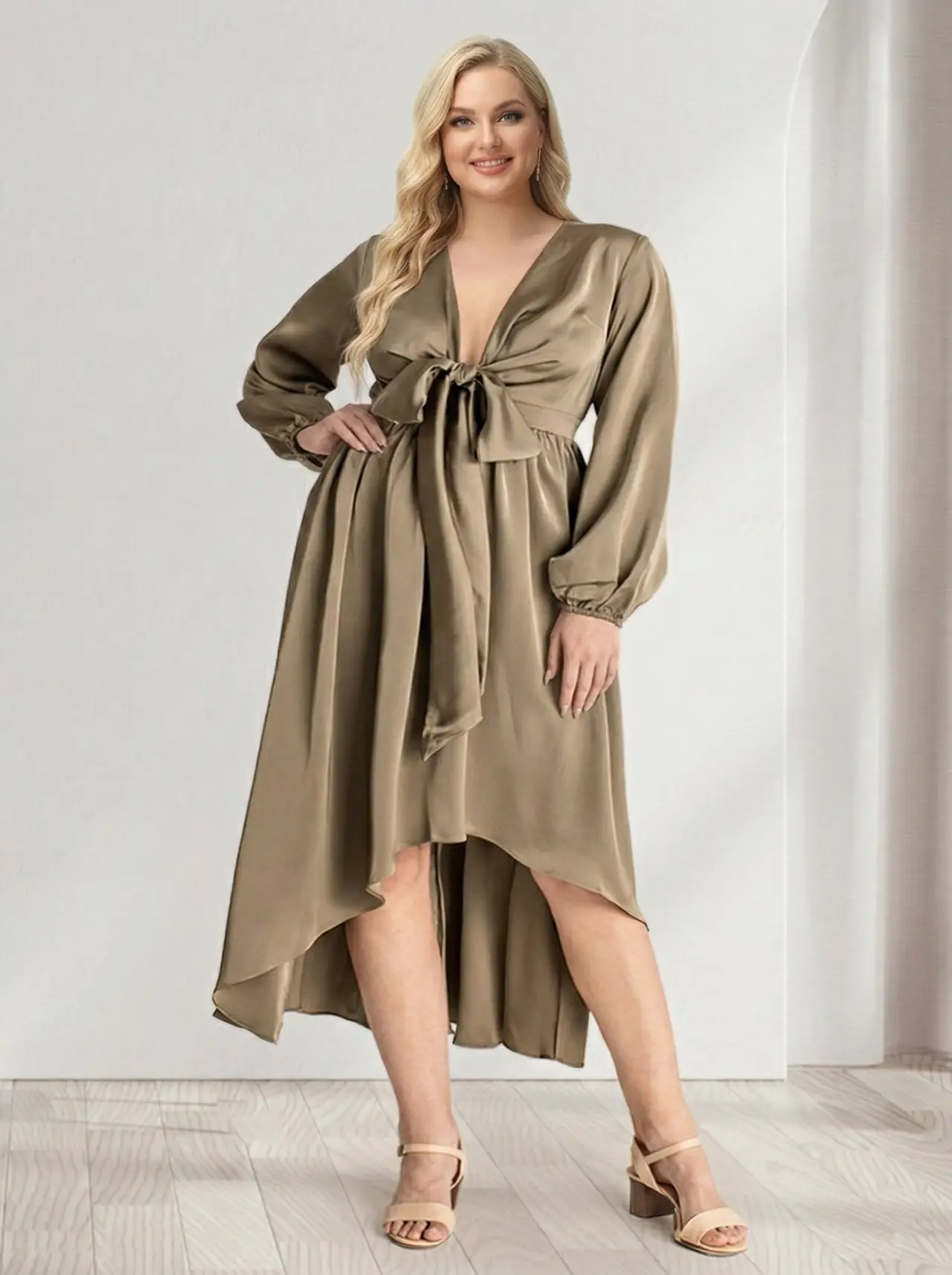 A-Line/Princess Plunging V-Neck Long Sleeves Wrap Plus Size Bridesmaid Dresses — view 1