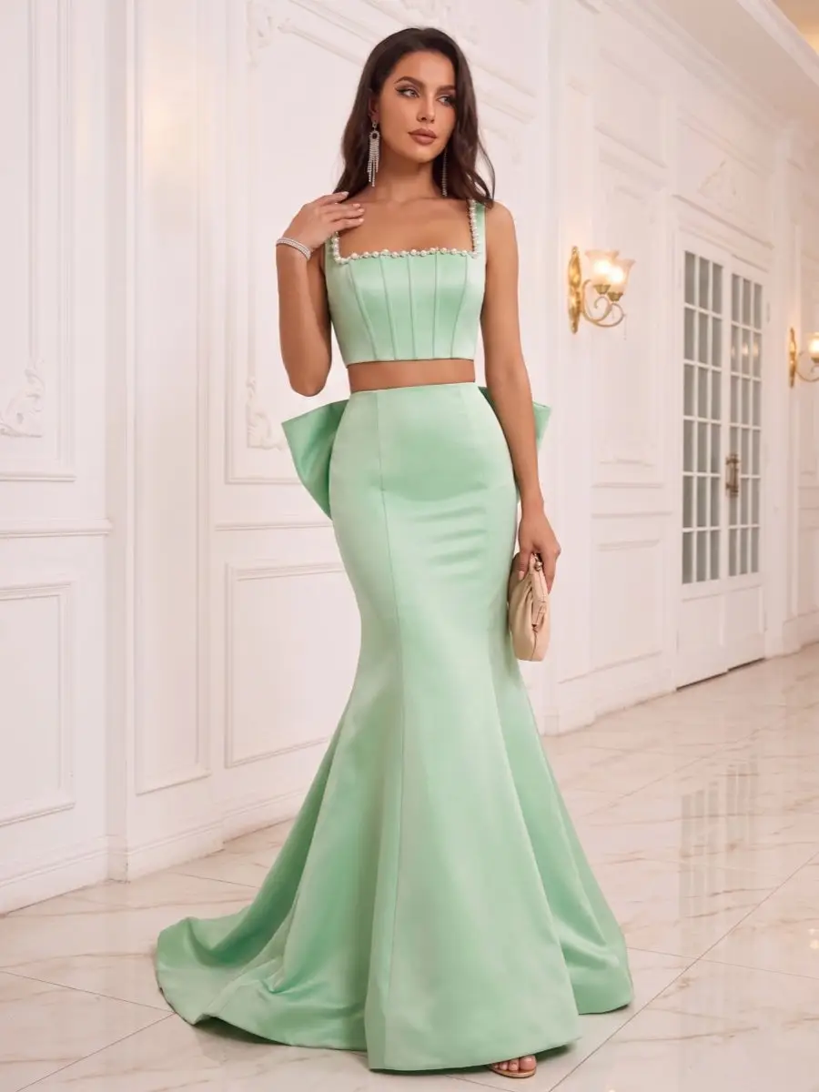 Trumpet/Mermaid Scoop Sleeveless Sweep Train Evening Dresses with Beading & Bowknot — view 1