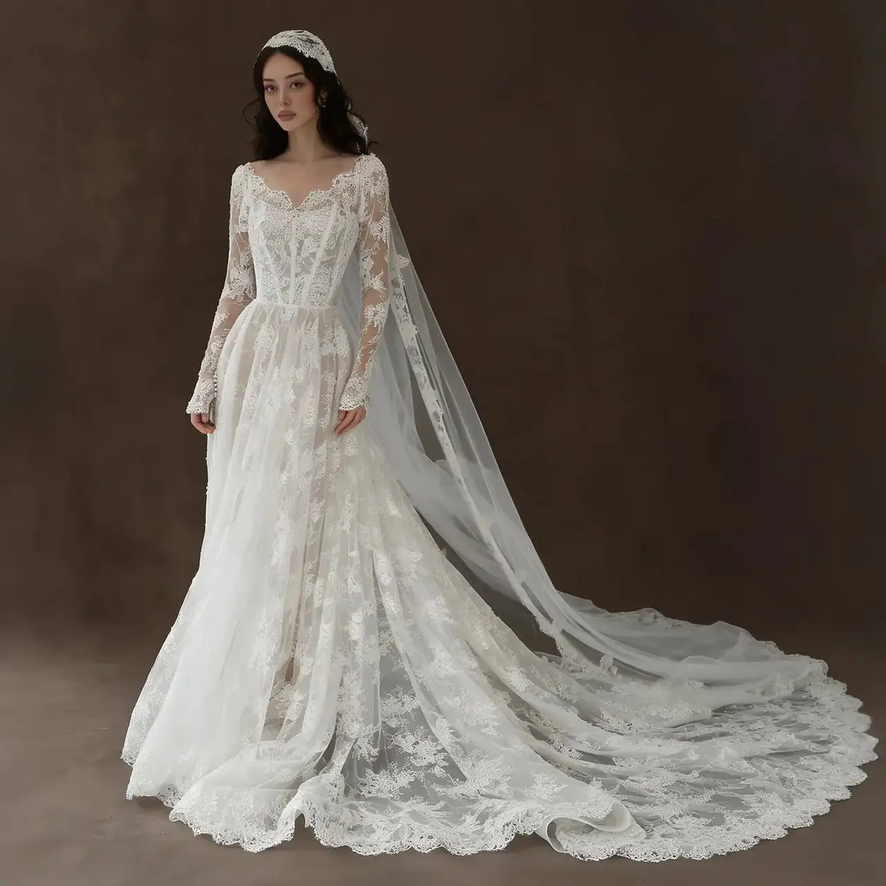 Whimsical Lace V-Neck Long Sleeve with Veil — SW276 Ivory wedding dress, full-length front view