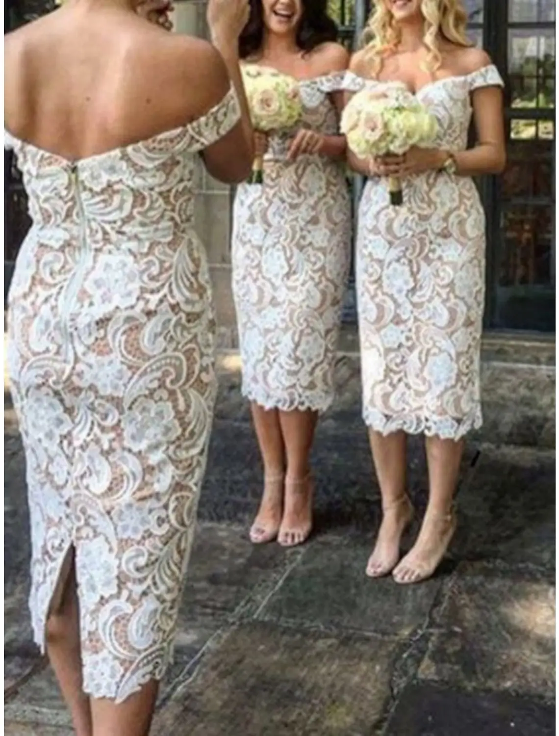 Sheath/Column Off-the-Shoulder Tea-length Long Bridesmaid Dresses — view 1