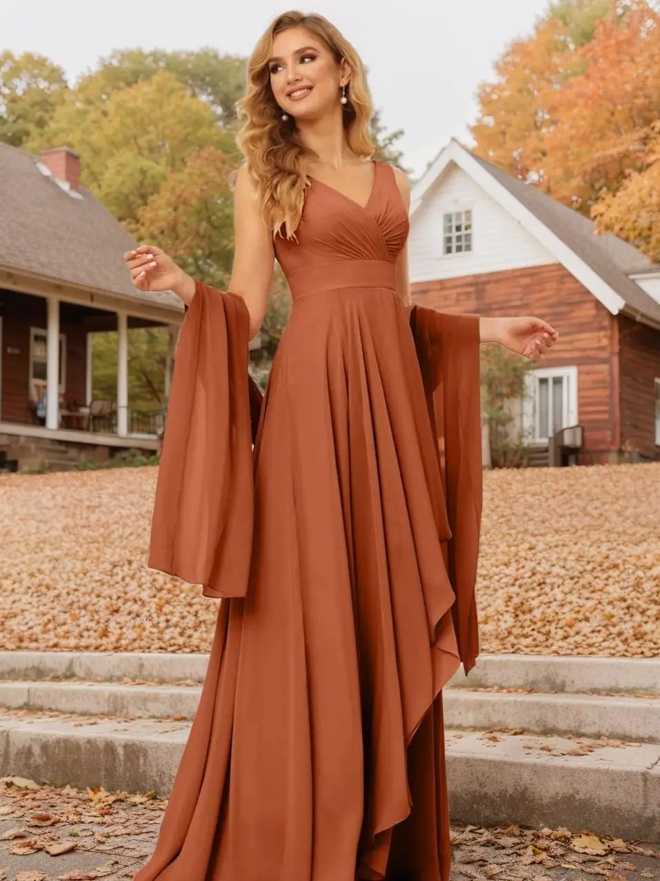 A-Line/Princess V-Neck Sleeveless Floor-Length Asymmetrical Bridesmaid Dresses with Ruffles — view 1