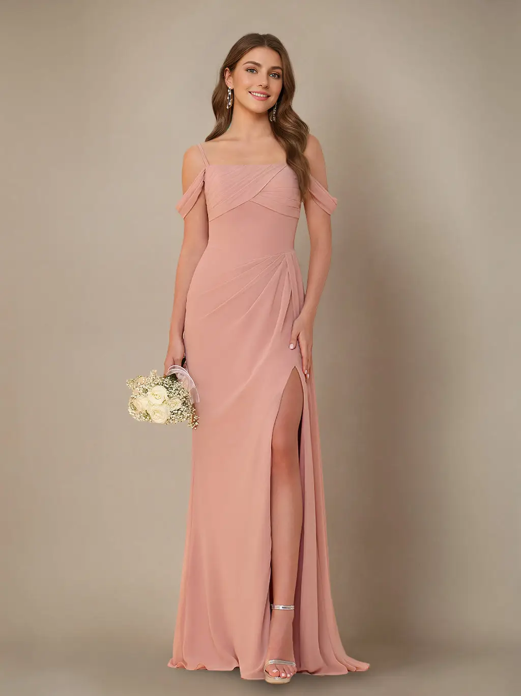 Sheath/Column Off-the-Shoulder Spaghetti Straps Floor-Length Bridesmaid Dress with Ruffles & Split Side — view 1
