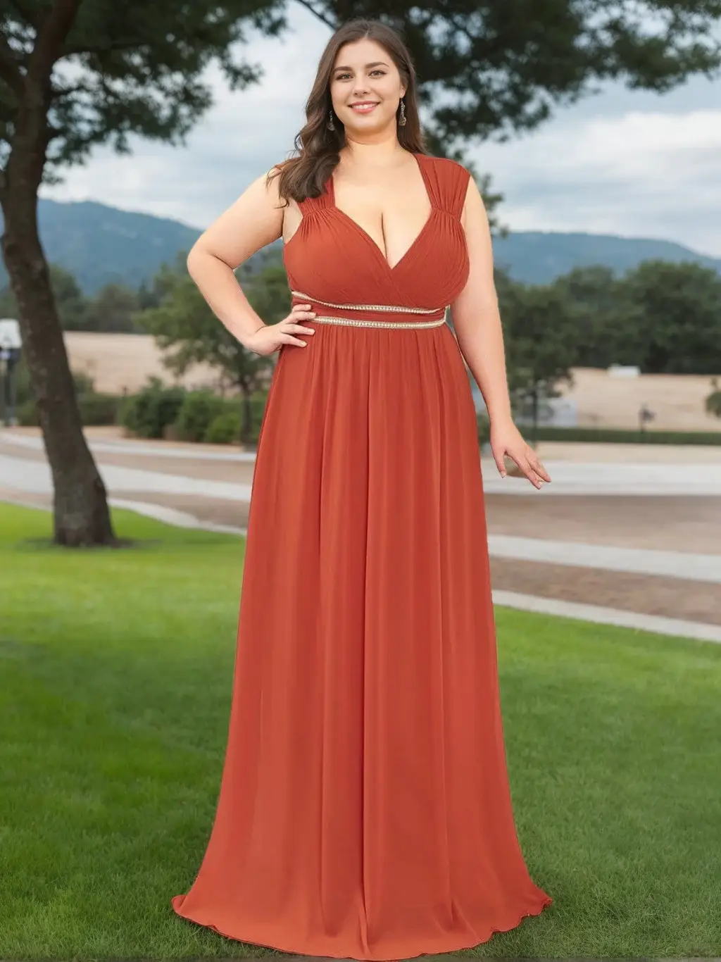 A-Line/Princess Deep V-Neck Sleeveless Floor-Length Plus Size Bridesmaid Dresses with Beads — view 1