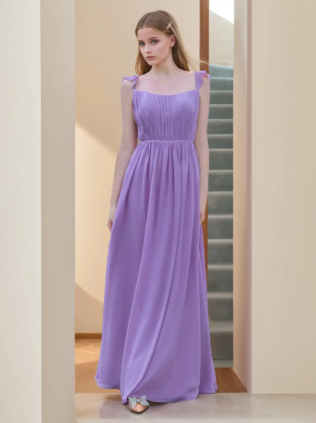 A-Line/Princess Square Neck Sleeveless Floor-Length Bridesmaid Dresses with Ruffles — view 1