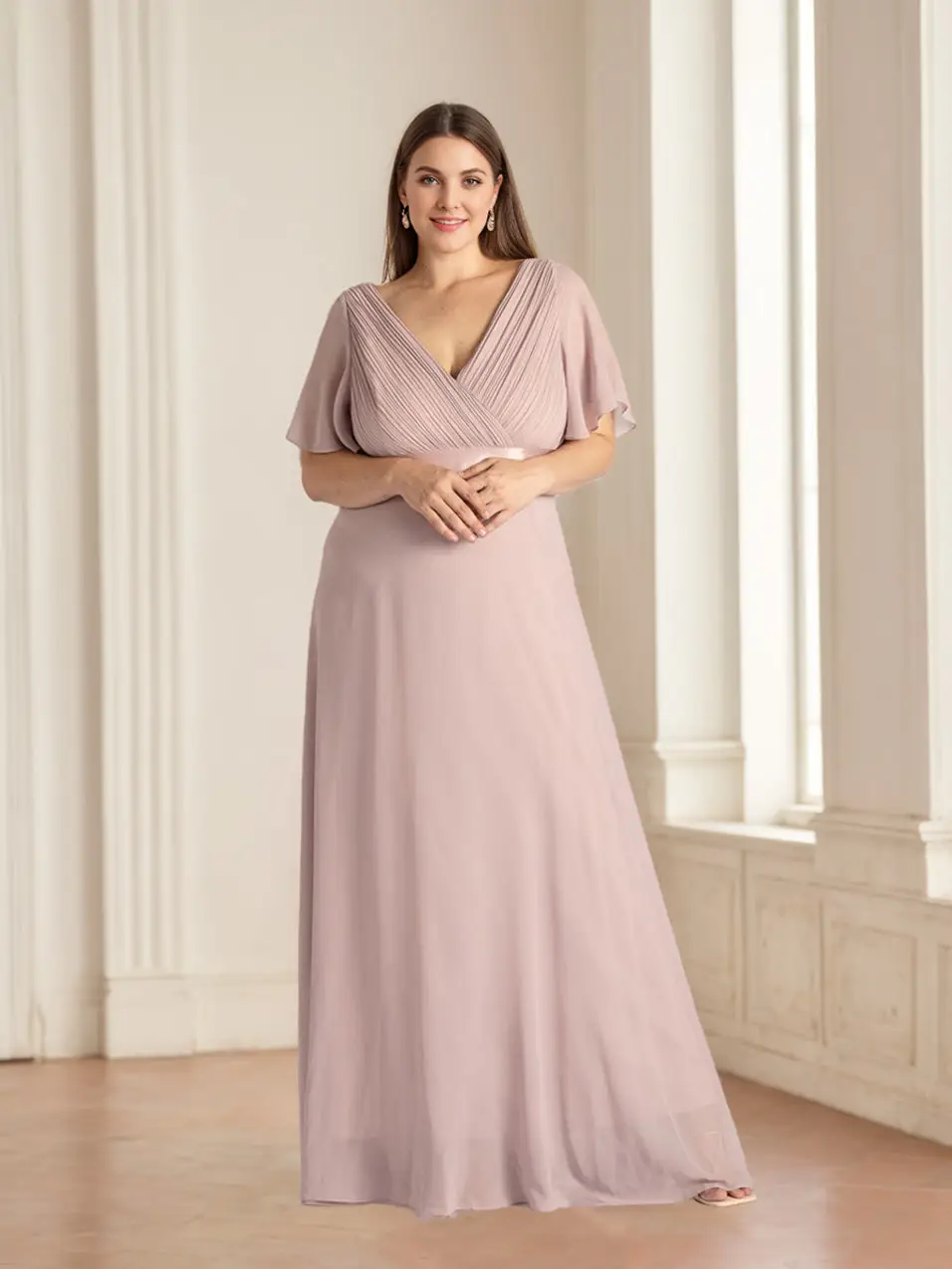 A-Line/Princess Deep V-Neck Short Sleeves Floor-Length Plus Size Bridesmaid Dresses with Ruffles — view 1
