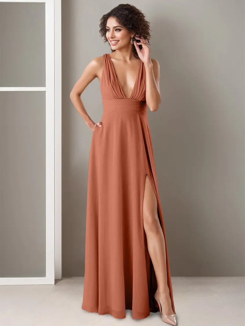 A-Line/Princess Deep V-Neck Sleeveless Floor-Length Bridesmaid Dresses with Split Side & Ruffles — view 1