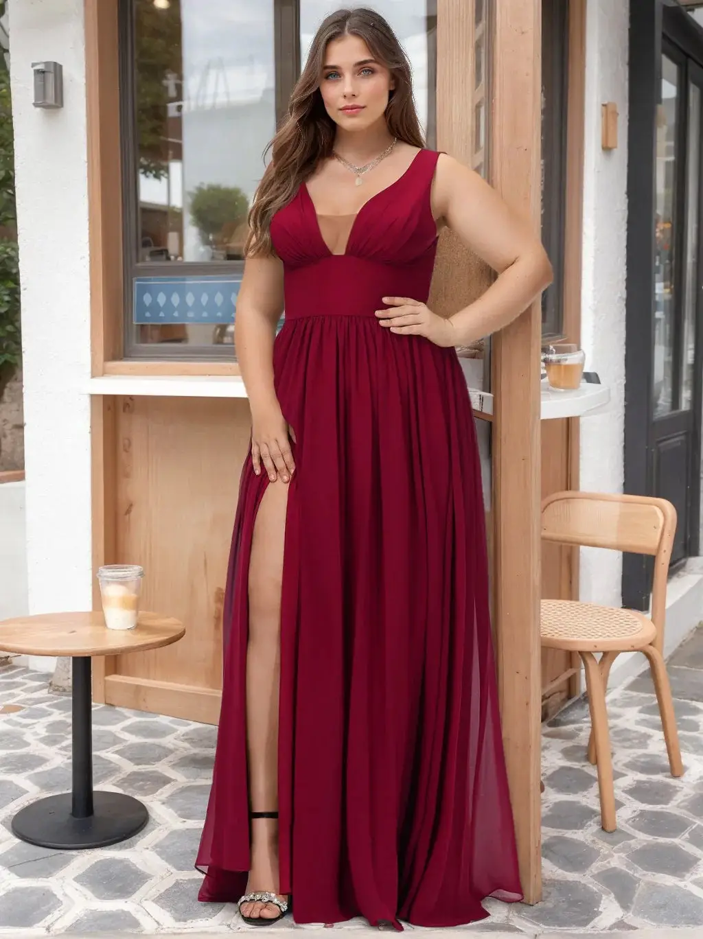 A-Line/Princess Deep V-Neck Sleeveless Floor-Length Plus Size Bridesmaid Dresses with Split Side — view 1
