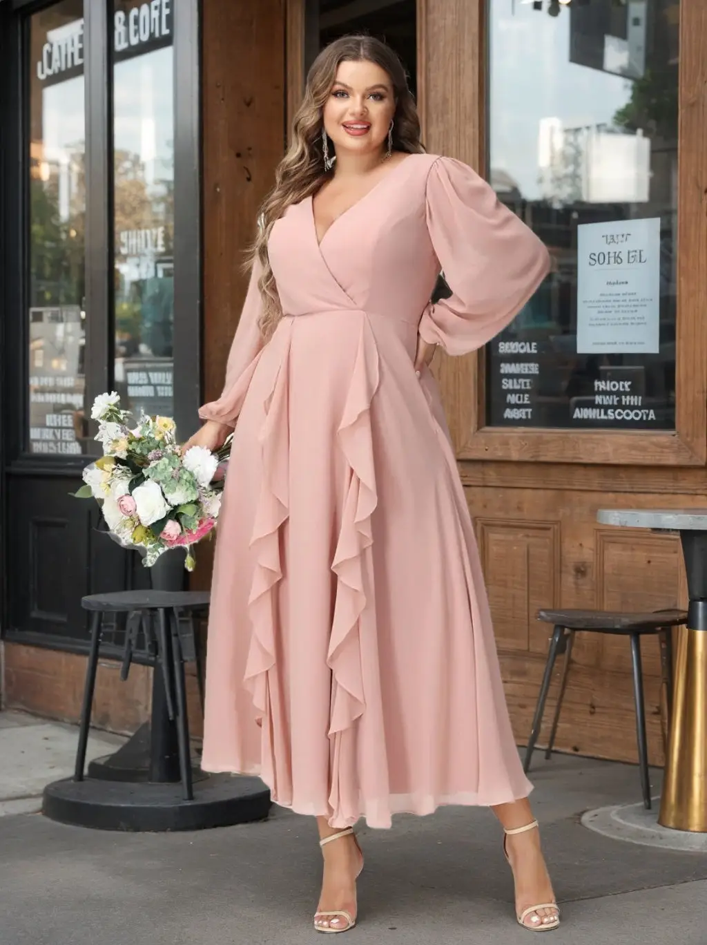 A-Line/Princess V-Neck Long Sleeves Chiffon Tea-Length Plus Size Bridesmaid Dresses with Pockets & Ruffles — view 1