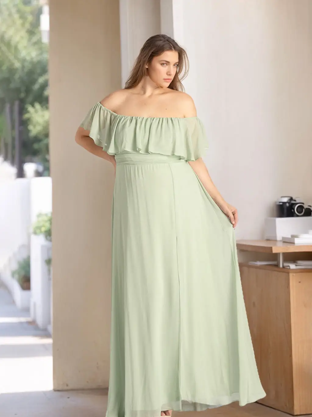 A-Line/Princess Off-the-Shoulder Floor-Length Plus Size Chiffon Bridesmaid Dresses with Ruffles — view 1