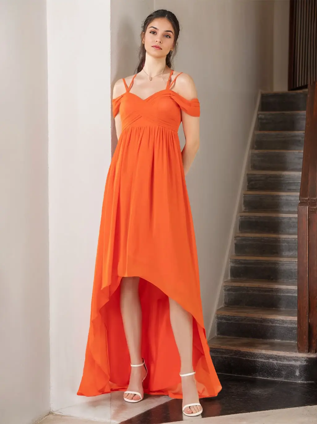A-Line/Princess Spaghetti Straps Sleeveless Asymmetrical Unique Bridesmaid Dresses with Ruffles — view 1