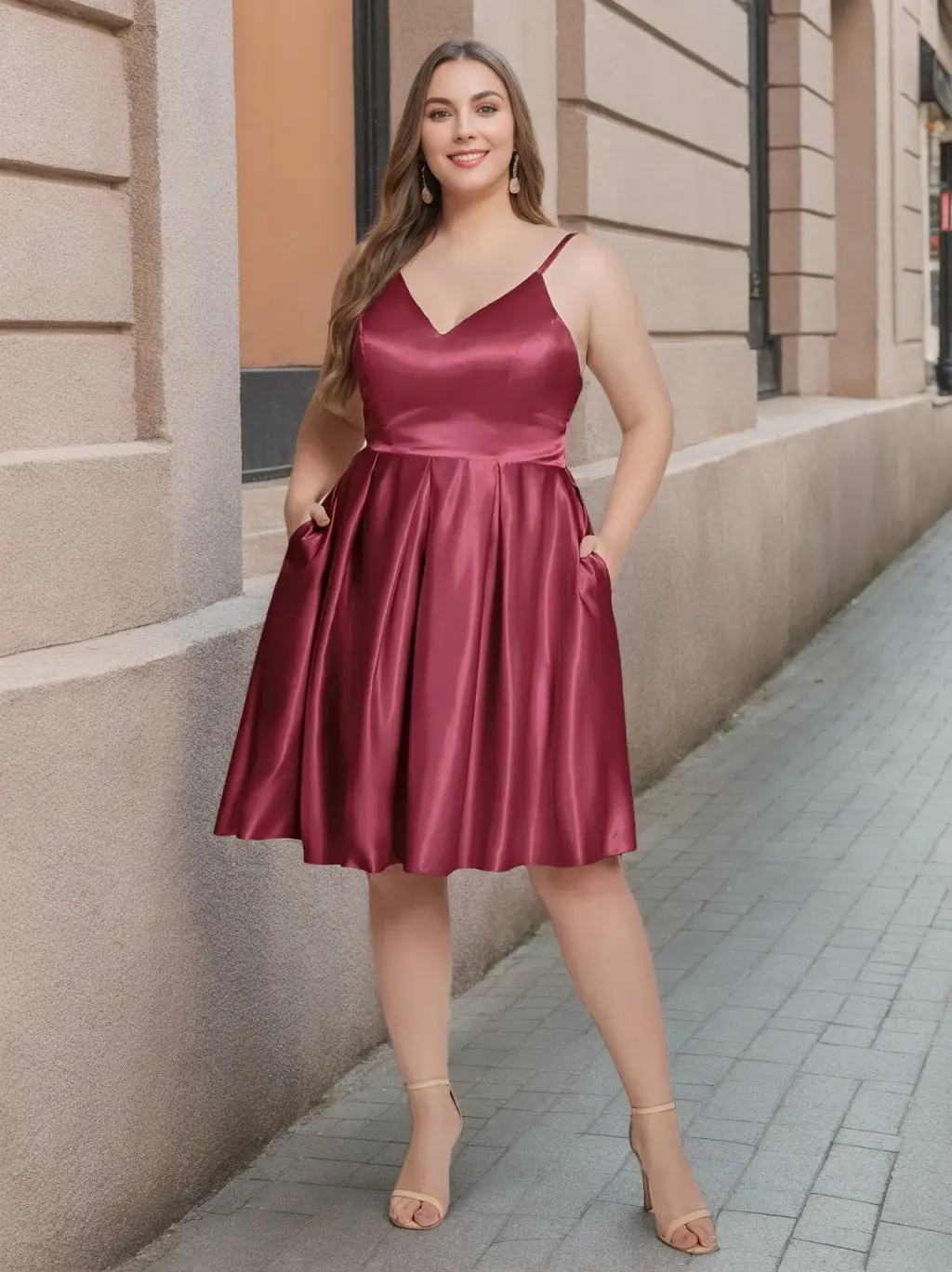 A-Line/Princess Spaghetti Straps V-Neck Sleeveless Knee-Length Plus Size Bridesmaid Dresses — view 1