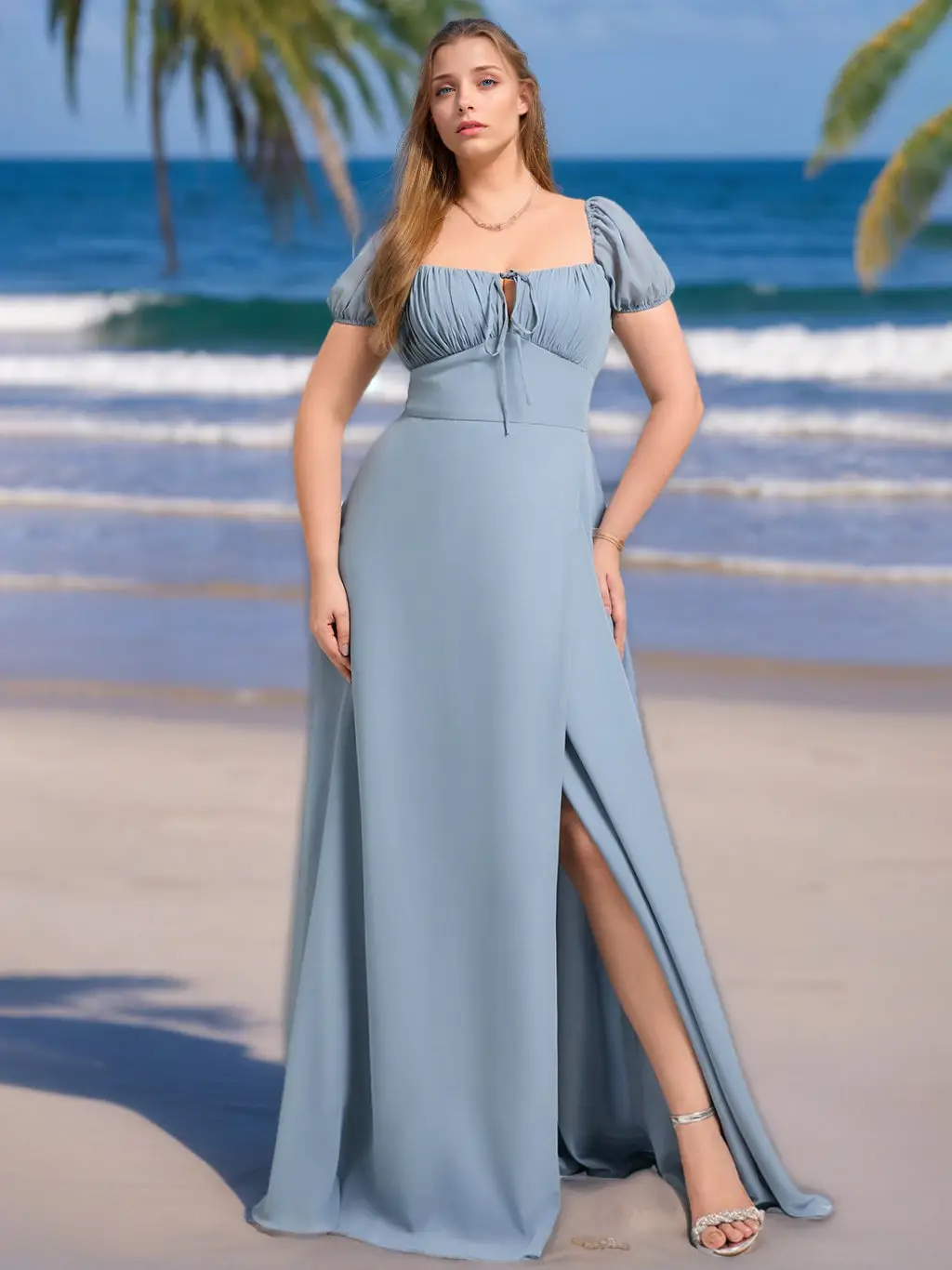 A-Line/Princess Square Neck Short Sleeves Chiffon Plus Size Bridesmaid Dresses with Ruffles & Split Side — view 1