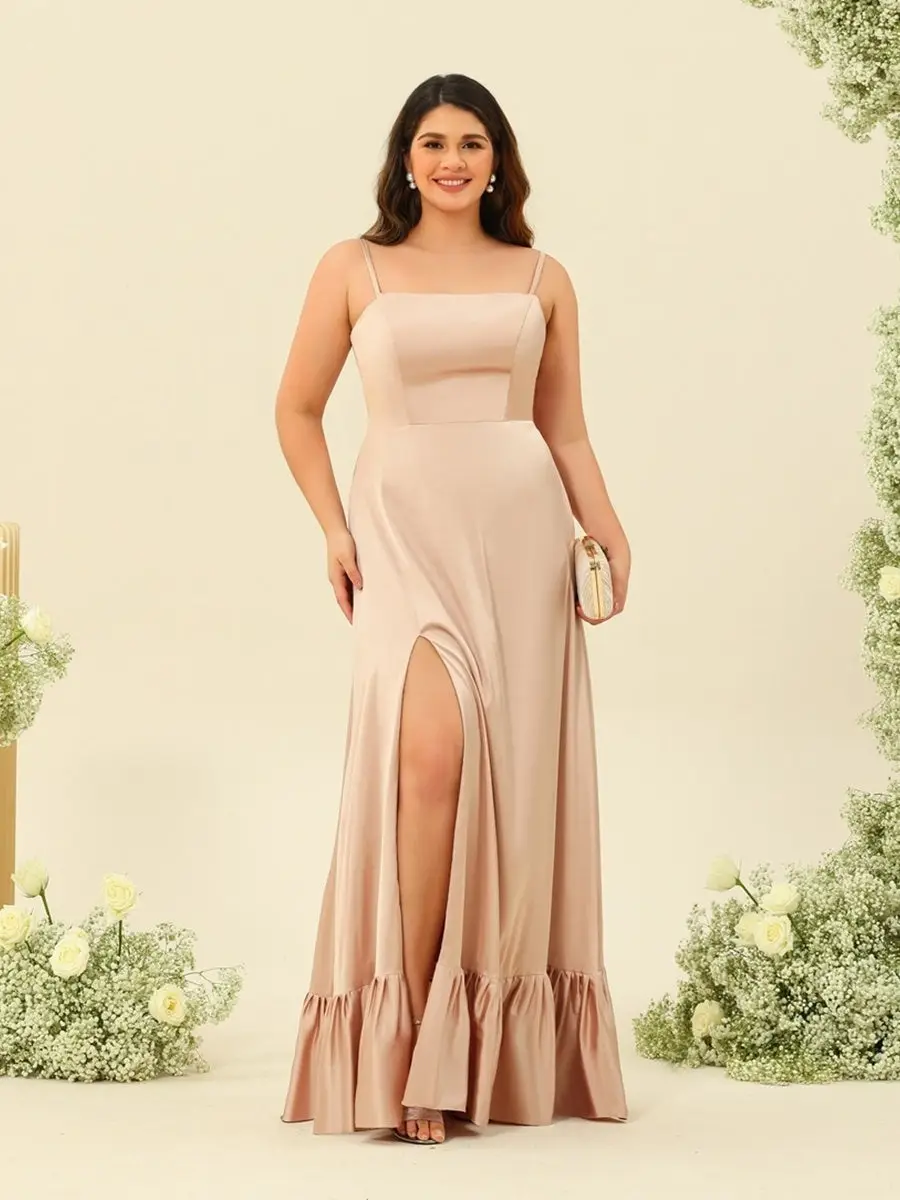 A-Line/Princess Spaghetti Straps Lace-Up Split Side Plus Size Bridesmaid Dresses — view 1