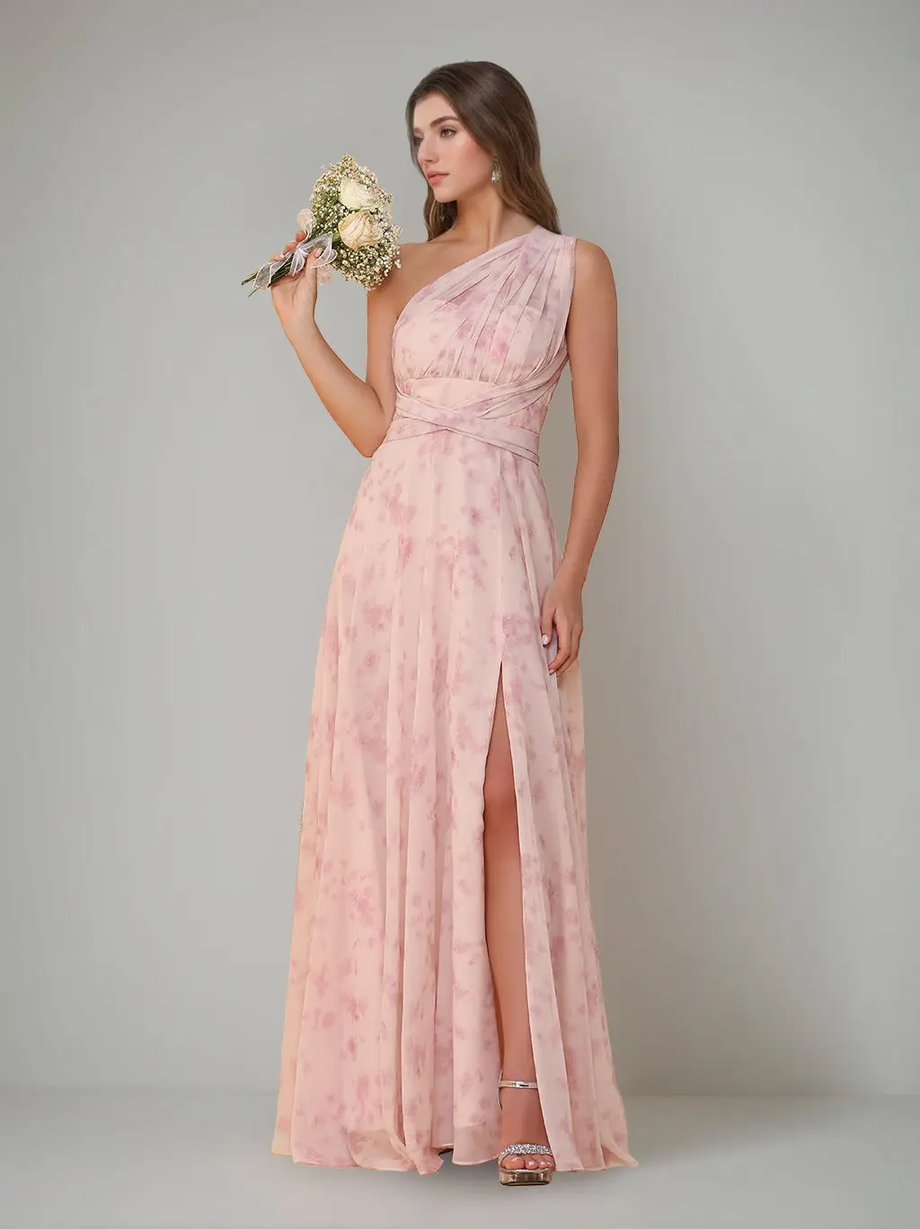 A-Line/Princess One-Shoulder Sleeveless Floor-Length Bridesmaid Dresses with Split Side & Pleated — view 1