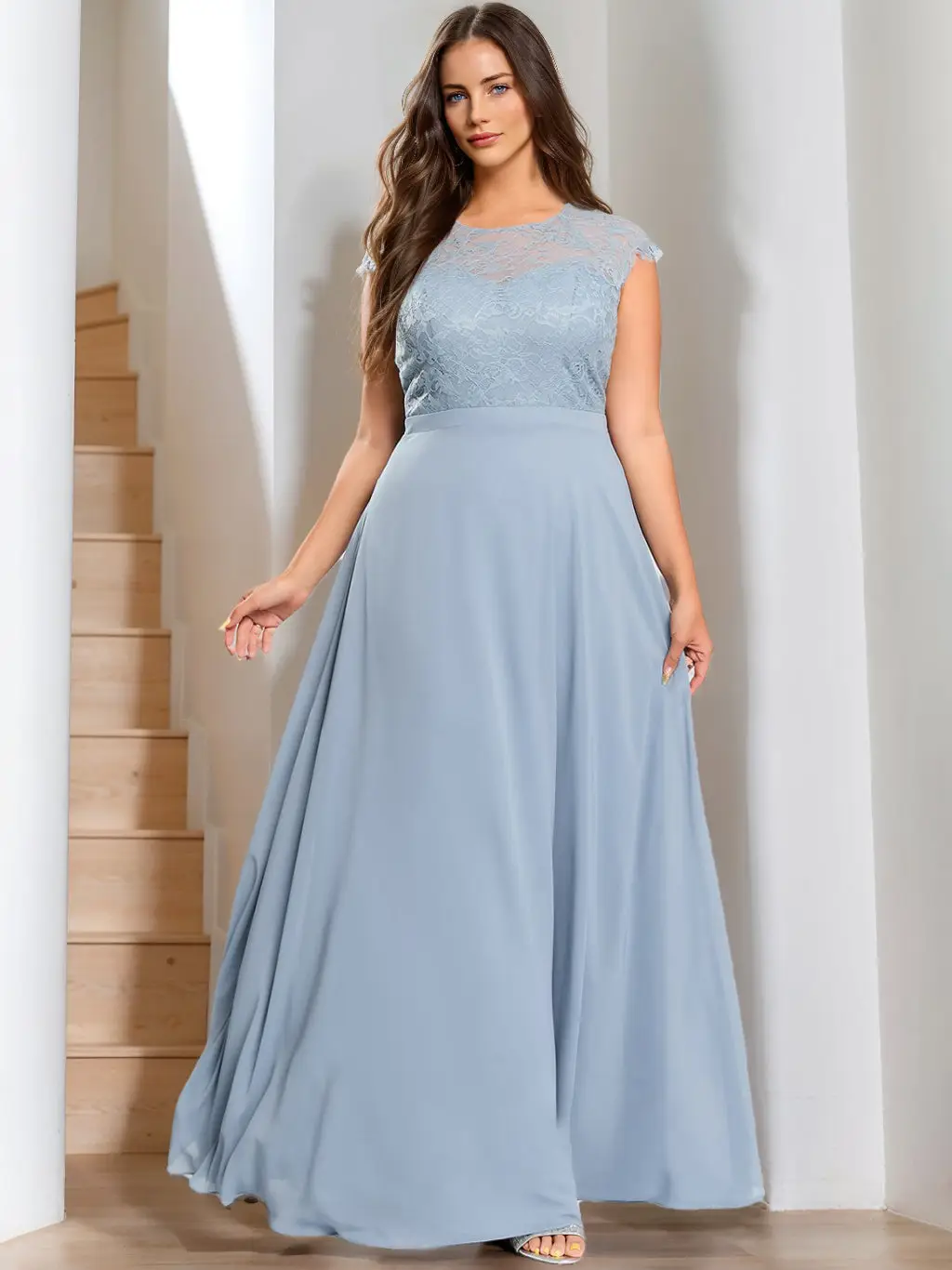 A-Line/Princess Scoop Sleeveless Floor-Length Lace Plus Size Bridesmaid Dress — view 1