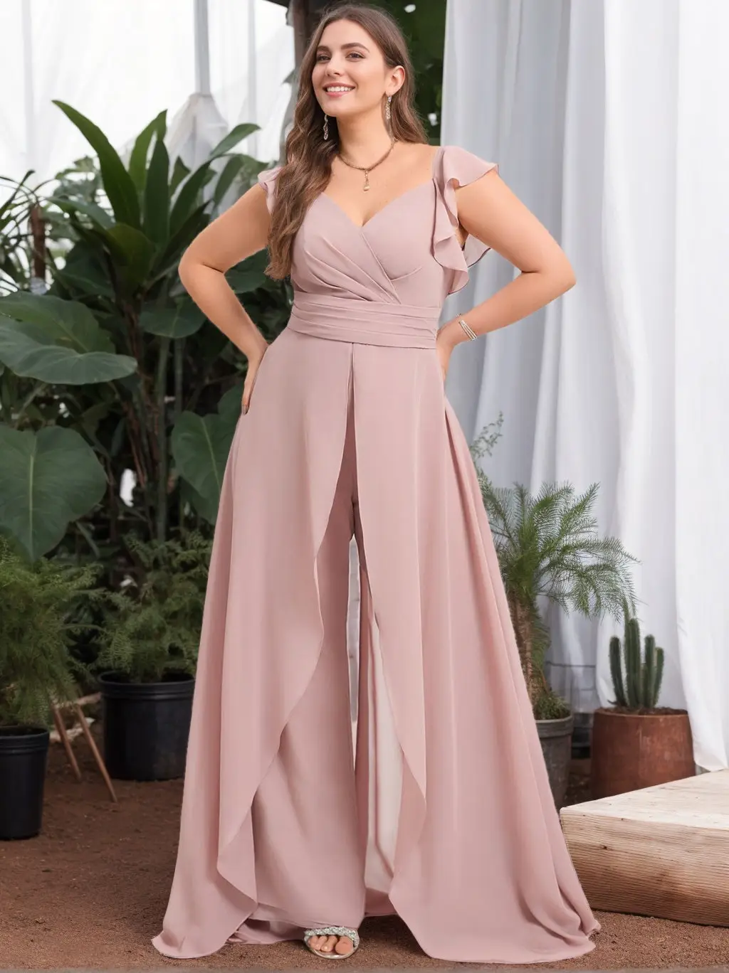 Pantsuit/Jumpsuit V-Neck Sleeveless Floor-Length Chiffon Plus Size Bridesmaid Dresses with Ruffles — view 1